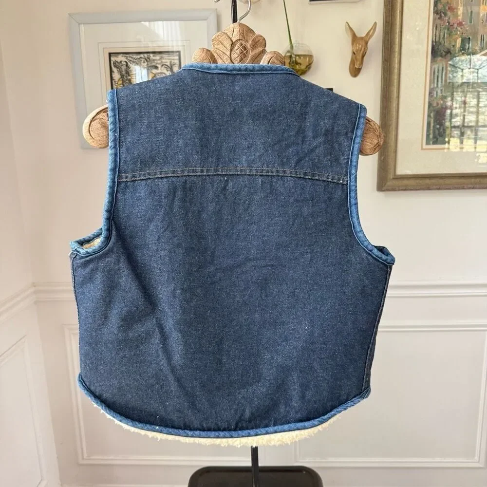 Vintage 70s Sears Roebuck Denim Snap Vest Sherpa Lining M - Picture 6 of 7